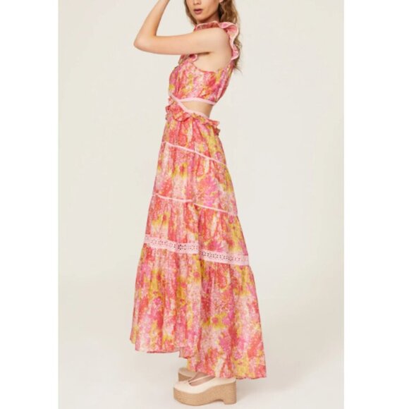 LoveShackFancy Dress Womens Size XL Pink Madsen Maxi Watercolor Print Cut-Out - Picture 11 of 12